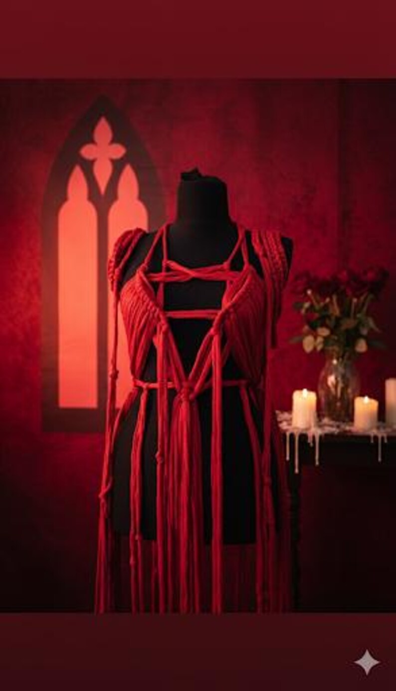 May include: A red macrame garment featuring a complex arrangement of knotted fabric cords that form a structured bodice with a pentagram-like design at the chest, extending into long, flowing vertical fringe strands that drape down from the waist.