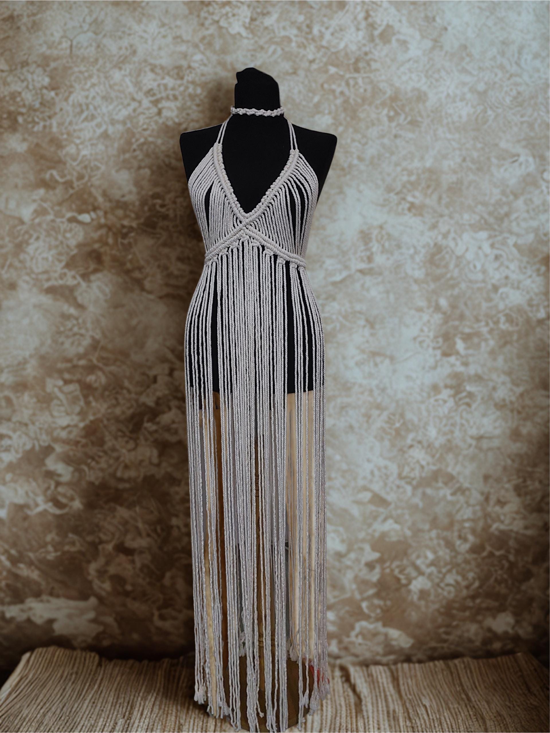 Macrame dress festival beach dress festival outfits maxi dress summer party dress Knotted Cotton Fringe Dress"Hippie Festival Dress"
