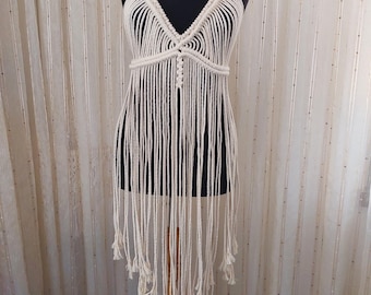 Macrame Handmade Macrame Dress – Boho Festival Outfit – Knotted Cotton Fringe Dress&quot;