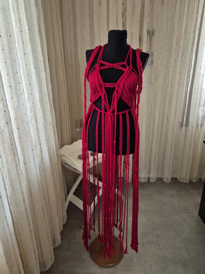 Suspiria Inspired Red Macrame Dress Handmade Gothic Witchy Festival Outfit Adjustable Artistic Clothing image 12