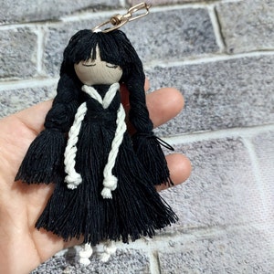 Macrame Wednesday Addams Doll Keychain | Black Macrame Keychain | Boho Goth Gift Movie Themed Keychain