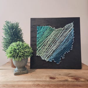 May include: A string art piece depicting the state of Ohio, crafted with blue and green thread on a black square. The artwork is mounted on a wooden surface, with small potted plants in the background.