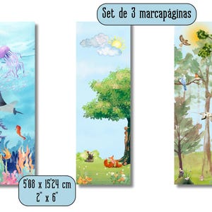 Puede incluir: Conjunto de 3 marcapáginas coloridos que representan una escena submarina con una raya y una medusa, una escena de bosque con un zorro y una ardilla, y una escena de bosque con pájaros y una ardilla. Los marcapáginas miden 5,08 cm de ancho y 15,24 cm de largo.