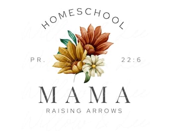 May include: Homeschool Mama logo with a floral design. The logo features a circle with the text "HOMESCHOOL" in a grey font. Inside the circle is a bouquet of yellow, orange, and white flowers. Below the circle is the text "MAMA" in a grey font. Below the text "MAMA" is the text "RAISING ARROWS" in a grey font. The text "PR. 22:6" is in a grey font and is located to the right of the floral design.