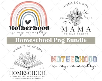 May include: A set of four digital designs for use in crafting, featuring a rainbow, a book with flowers, a floral design, and a rainbow text design. The designs include the text "Motherhood is my ministry", "Mama's Academy", "Homeschool", and "Mama Raising Arrows".