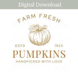 Puede incluir: Una descarga digital con una ilustración de calabaza de estilo vintage. El diseño incluye las palabras "Farm Fresh Pumpkins" y "Handpicked with Love", con el año de establecimiento 1924.