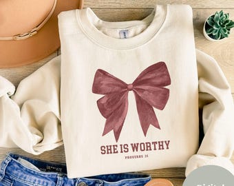 She is Worthy Bow PNG, Women Christian Png, Bible Verse Png, Christian Coquette Png, Proverbs 31 Png, Christian Sublimation Digital Design