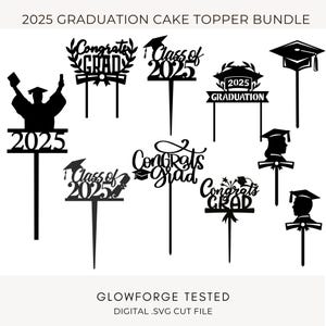 Paquete de archivos de corte digital para adornos de tartas de graduación de 2025, SVG de graduación, etiquetas de regalo con flores, adornos para cupcakes, regalo de graduación, clase de 2025