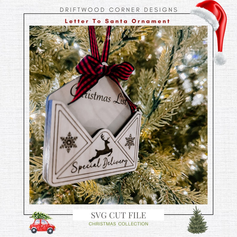 May include: A wooden ornament shaped like an envelope with a reindeer and the words "Special Delivery" and "Christmas List" on it. The ornament is hanging on a Christmas tree.