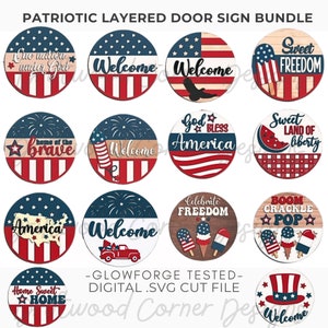 Bundle numérique SVG de porche rond d'été patriotique, découpé au laser en couches, plaque de porte 4 juillet, SVG patriotique, fichiers laser d'été, Glowforge