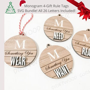 26 Monogrammed &#39;4-Gift&#39; Tags(104 vectorized files) SVG Bundle Digital Christmas Tags/Gift Tags/Kids Christmas/Gifts/read/need/want/wear