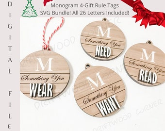 26 Monogrammed '4-Gift' Tags(104 vectorized files) SVG Bundle Digital Christmas Tags/Gift Tags/Kids Christmas/Gifts/read/need/want/wear