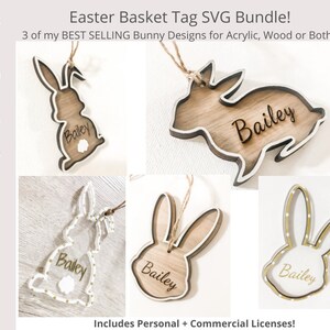 May include: Three digital cut files for an Easter basket tag featuring a bunny silhouette with the name "Bailey" in a woodgrain design. The files are for personal and commercial use.