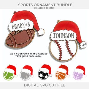 Pacchetto SVG di ornamenti natalizi sportivi, cappello da Babbo Natale sportivo, pacchetto di palline, ornamento del cappello di Babbo Natale, file di taglio laser SVG, pronto per Glowforge