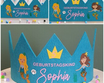 Geburtstagskrone aus Filz Meerjungfrau / Personalisierte Krone mit Namen und Zahl / Kindergeburtstag / Partyaccessoires / Mottoparty