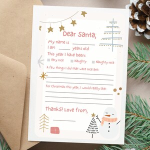 Carta a Santa para que los niños la completen, Carta de lista de deseos de Navidad, Descarga instantánea, Papá Noel, Imprimir en casa