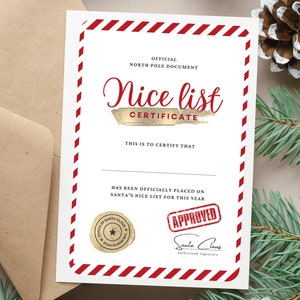 Certificado de lista agradable, carta de Papá Noel, caja de Nochebuena, imprimir en casa, descarga instantánea, plantilla de carta a Papá Noel