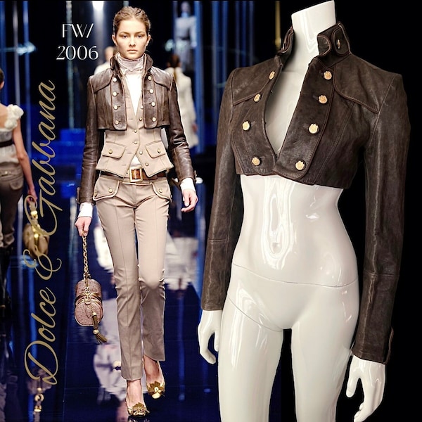 Dolce & Gabbana Fall 2006 Super Cropped Leather Jacket in brown and gold embossed hardware from the Napoleon Collection