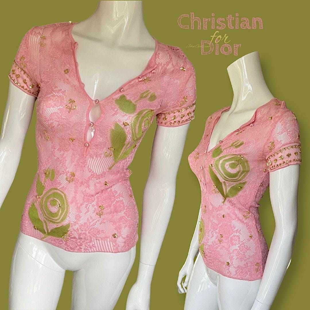 Galliano Christian Dior Sequin Bead Embroidered Lace Top in