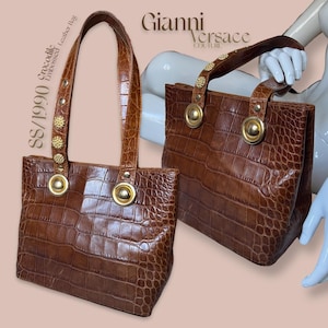 Gianni Versace Crocodile Embossed Bag – 90s Vintage Tote – Rare Structured Designer Purse – SS1990