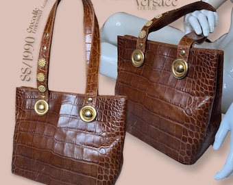 Gianni Versace Crocodile Embossed Bag – 90s Vintage Tote – Rare Structured Designer Purse – SS1990