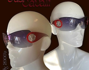 Lunettes de soleil sans monture Just Cavalli années 2000, lunettes de soleil enveloppantes Roberto Cavalli ornées de cristaux Swarovski, lunettes de soleil teintées Cavalli Y2K, rouge argent cavalli