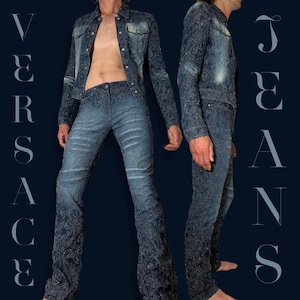 Ensemble rare de 2 pièces Versace strass Crystal Sparkle début des années 2000 en denim