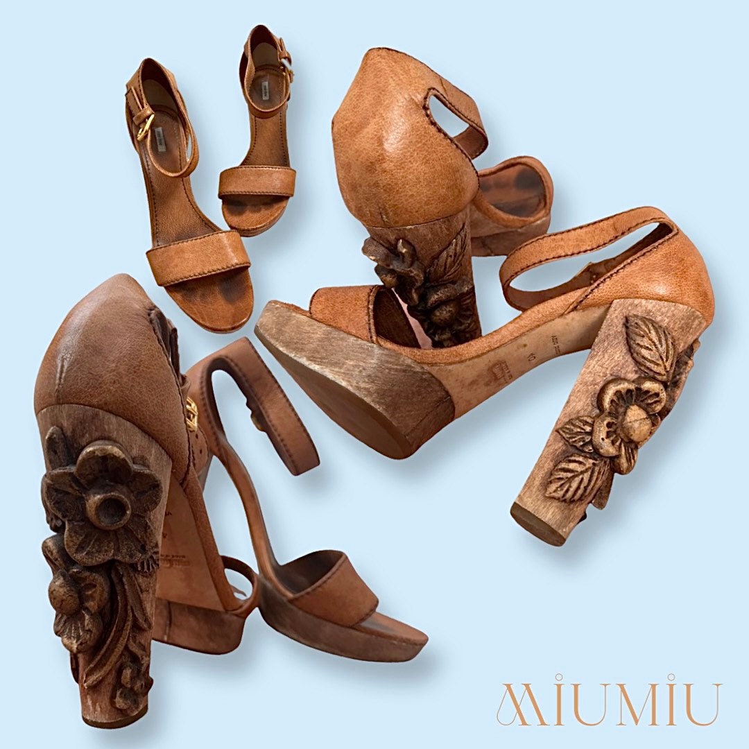 Miu Miu Leather Wood Floral Clog Platform Sandal Block Heels - Etsy