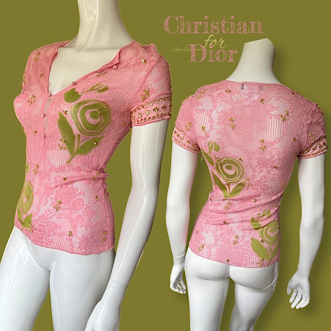 Galliano Christian Dior Sequin Bead Embroidered Lace Top in