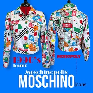 Ultra-Rare 1990s Moschino Monopoly “Moschinopoli” Print Denim Jacket – Archival Pop Icon