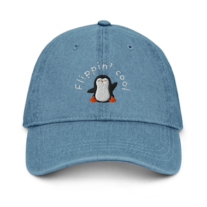 Embroidered Flippin&#39; Cool Cap - Penguin Hat, Penguin Cap, Penguin Pun, Cute Penguin Hat, Pun Cap, Pun Hat, Cute Penguin, Denim Hat