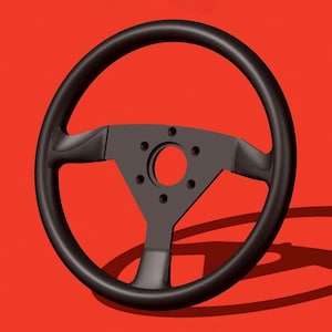 May include: Black steering wheel with a triangular center and a circular opening. The wheel has a rounded rim and a matte finish. The background is a solid red color. The wheel is designed for a vehicle.