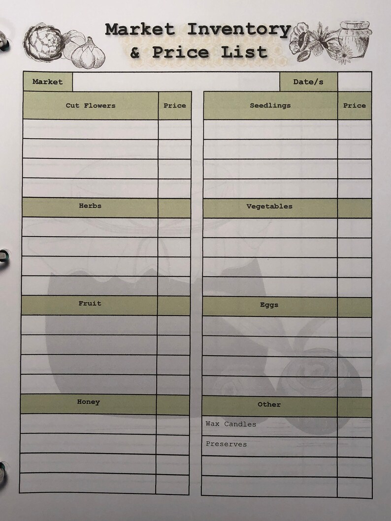 Puede incluir: Una plantilla de inventario de mercado y lista de precios imprimible con secciones para flores cortadas, hierbas, frutas, miel, pl&aacute;ntulas, verduras, huevos, velas de cera y conservas. La plantilla tiene columnas para el nombre del art&iacute;culo y el precio.
