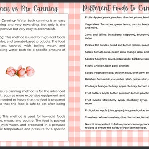 Puede incluir: Un fondo de cuadros rosa y blanco con texto que explica la diferencia entre los m&eacute;todos de enlatado para principiantes y profesionales. El texto describe los m&eacute;todos y enumera diferentes alimentos que se pueden enlatar en casa. La imagen tambi&eacute;n incluye una peque&ntilde;a ilustraci&oacute;n de un frasco de alimentos enlatados.