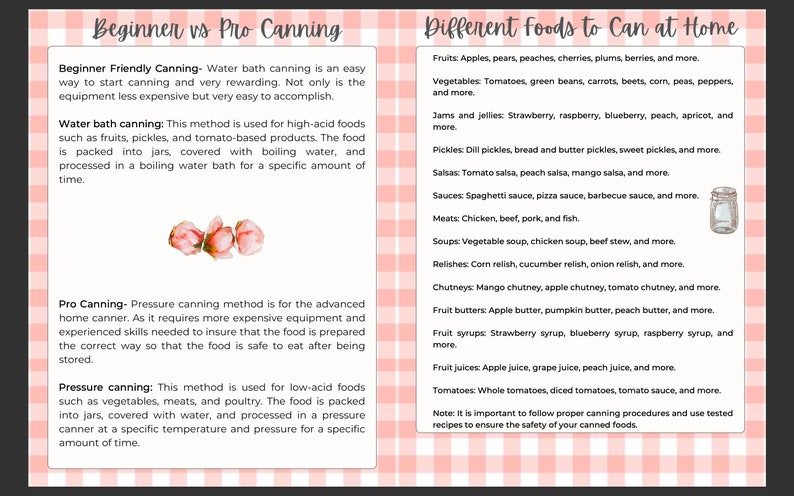 Puede incluir: Un fondo de cuadros rosa y blanco con texto que explica la diferencia entre los m&eacute;todos de enlatado para principiantes y profesionales. El texto describe los m&eacute;todos y enumera diferentes alimentos que se pueden enlatar en casa. La imagen tambi&eacute;n incluye una peque&ntilde;a ilustraci&oacute;n de un frasco de alimentos enlatados.