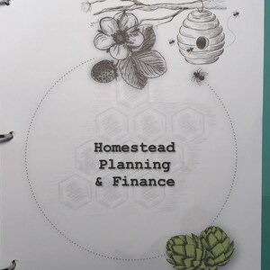 Puede incluir: Una ilustraci&oacute;n en blanco y negro de una colmena, una flor y alcachofas. El texto "Homestead Planning & Finance" est&aacute; escrito en negro sobre un fondo blanco.