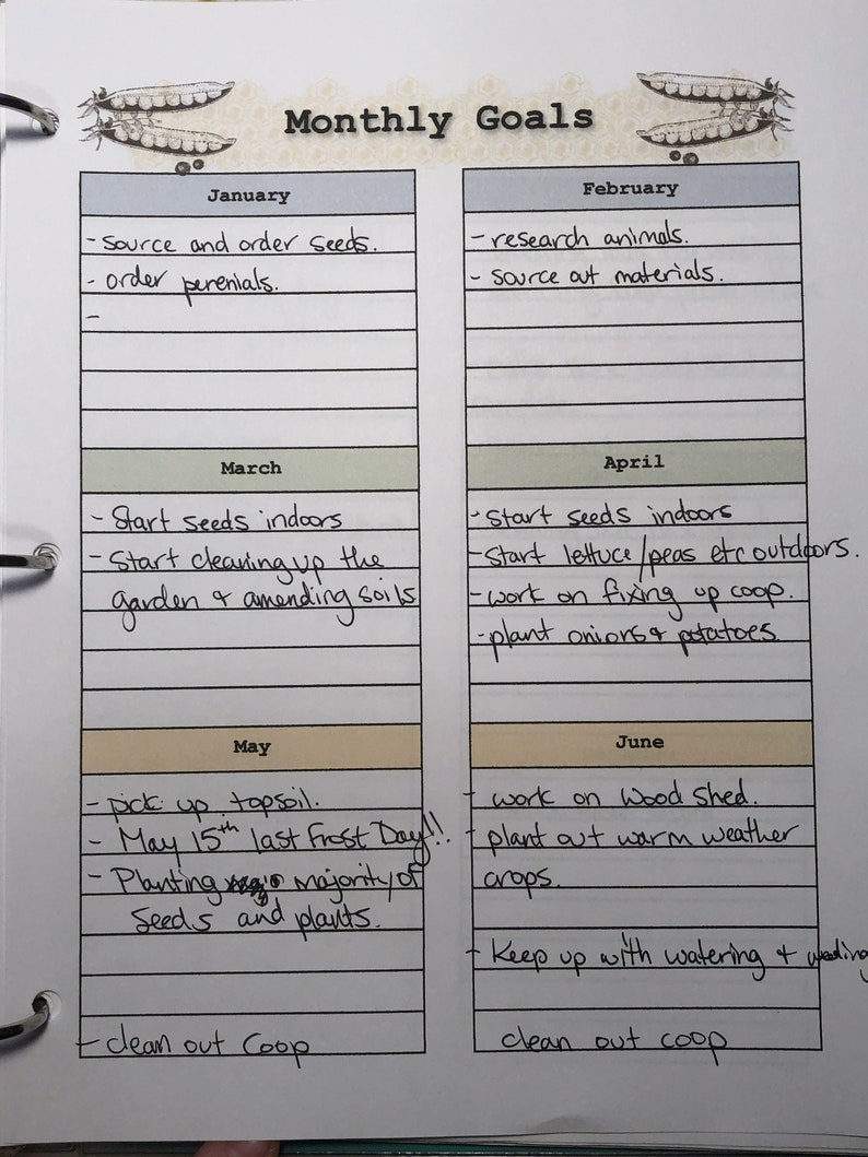 Puede incluir: Un planificador de objetivos mensual con una lista manuscrita de tareas de jardiner&iacute;a para cada mes del a&ntilde;o. El planificador est&aacute; decorado con dibujos de vainas de guisantes.