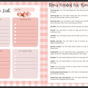 Puede incluir: Una lista de tareas de color rosa y blanco con el t&iacute;tulo "To Do List" y una secci&oacute;n para "Art&iacute;culos necesarios para la conservaci&oacute;n casera". La lista de tareas incluye secciones para "Debe hacer", "Deber&iacute;a hacer", "Podr&iacute;a hacer" y "Si tengo tiempo". La secci&oacute;n "Art&iacute;culos necesarios para la conservaci&oacute;n casera" enumera art&iacute;culos como frascos de conservas, una olla de conservas, una rejilla de conservas, un elevador de frascos, un embudo, un elevador de tapas, un removedor de burbujas, toallas de cocina, ingredientes, recetas, etiquetas, un temporizador, una tabla de cortar y cuchillos, y tazas y cucharas medidoras.