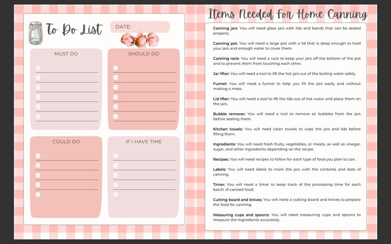 Puede incluir: Una lista de tareas de color rosa y blanco con el t&iacute;tulo "To Do List" y una secci&oacute;n para "Art&iacute;culos necesarios para la conservaci&oacute;n casera". La lista de tareas incluye secciones para "Debe hacer", "Deber&iacute;a hacer", "Podr&iacute;a hacer" y "Si tengo tiempo". La secci&oacute;n "Art&iacute;culos necesarios para la conservaci&oacute;n casera" enumera art&iacute;culos como frascos de conservas, una olla de conservas, una rejilla de conservas, un elevador de frascos, un embudo, un elevador de tapas, un removedor de burbujas, toallas de cocina, ingredientes, recetas, etiquetas, un temporizador, una tabla de cortar y cuchillos, y tazas y cucharas medidoras.