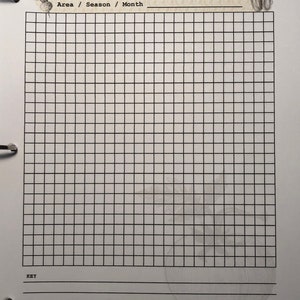 Puede incluir: Un planificador de dise&ntilde;o de jard&iacute;n en blanco con una cuadr&iacute;cula para planificar un jard&iacute;n. El planificador tiene una secci&oacute;n para una clave y el texto "Garden Layout Planner" en la parte superior. El texto "Area / Season / Month" est&aacute; debajo del t&iacute;tulo.