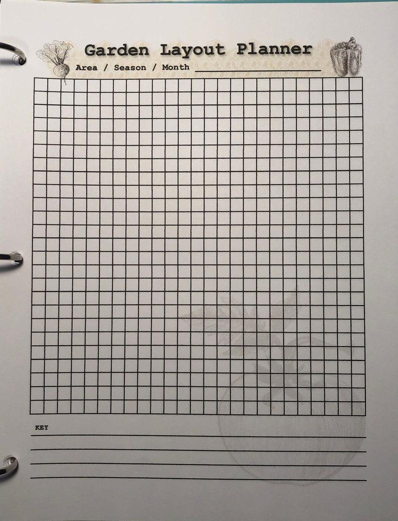 Puede incluir: Un planificador de dise&ntilde;o de jard&iacute;n en blanco con una cuadr&iacute;cula para planificar un jard&iacute;n. El planificador tiene una secci&oacute;n para una clave y el texto "Garden Layout Planner" en la parte superior. El texto "Area / Season / Month" est&aacute; debajo del t&iacute;tulo.