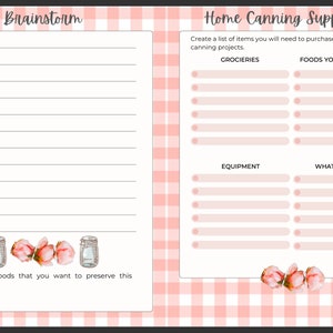 Puede incluir: Una lista de verificaci&oacute;n de cuadros rosa y blanco para envasar en casa. La lista de verificaci&oacute;n est&aacute; dividida en dos secciones: "Comestibles" y "Equipo" y "Alimentos que quieres envasar" y "Lo que necesitas". Hay l&iacute;neas en blanco para que los usuarios escriban sus propias listas.