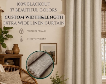 100% Blackout Custom Linen Curtains, Extra Wide, Rod Pocket, Grommet, Hook Ring Track