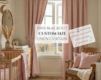 100% Blackout Custom Linen Curtains, Extra Wide Nursery Curtain, Girls Room Curtain, Rod Pocket, Grommet, Hook Ring Track