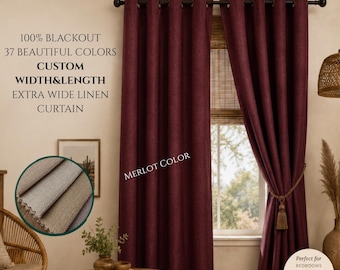100% Blackout Custom Linen Curtains, Extra Wide, Rod Pocket, Grommet, Hook Ring Track