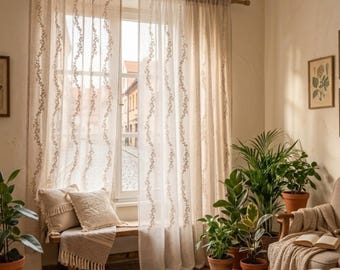 Embroidered Linen Sheer Curtains, Custom Size Boho Floral Curtain Panels, Natural Beige Off White Latte Sheer Drapes for Living Room Bedroom