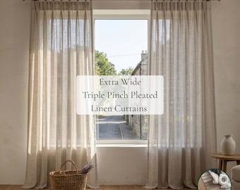 Extra Wide Triple Pinch Pleated Linen Sheer Curtains, Living Room Curtain, Linen Bedroom Drapes
