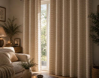 Linen Look Blackout Curtains: Kids Nursery Decor, Custom Made Woven Stripe Curtain, Privacy Neutral Drape