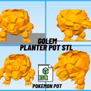 Può includere: Un vaso da fiori stampato in 3D a forma del Pokémon Golem. Il vaso è giallo e ha una superficie ruvida e testurizzata. Il testo "GOLEM PLANTER POT STL" e "POKEMON POT" è visibile nell'immagine.
