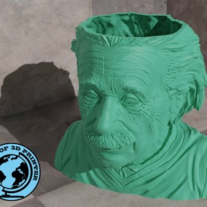 May include: A green 3D printed bust of Albert Einstein, with his hair and face sculpted in detail. The bust is hollowed out to be used as a planter.